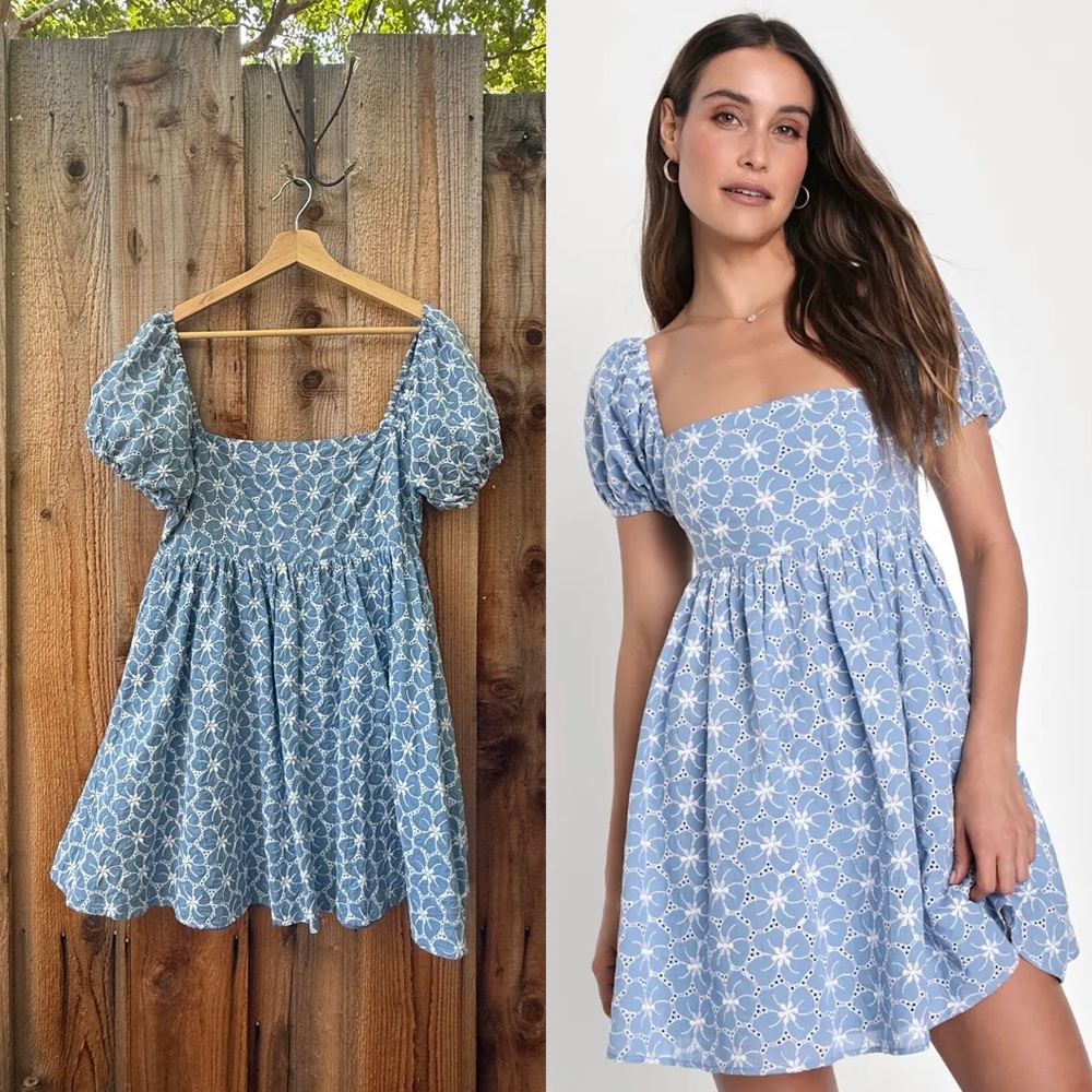 Blue and White Floral Eyelet Lace Puff Sleeve Babydoll Dress 🌿